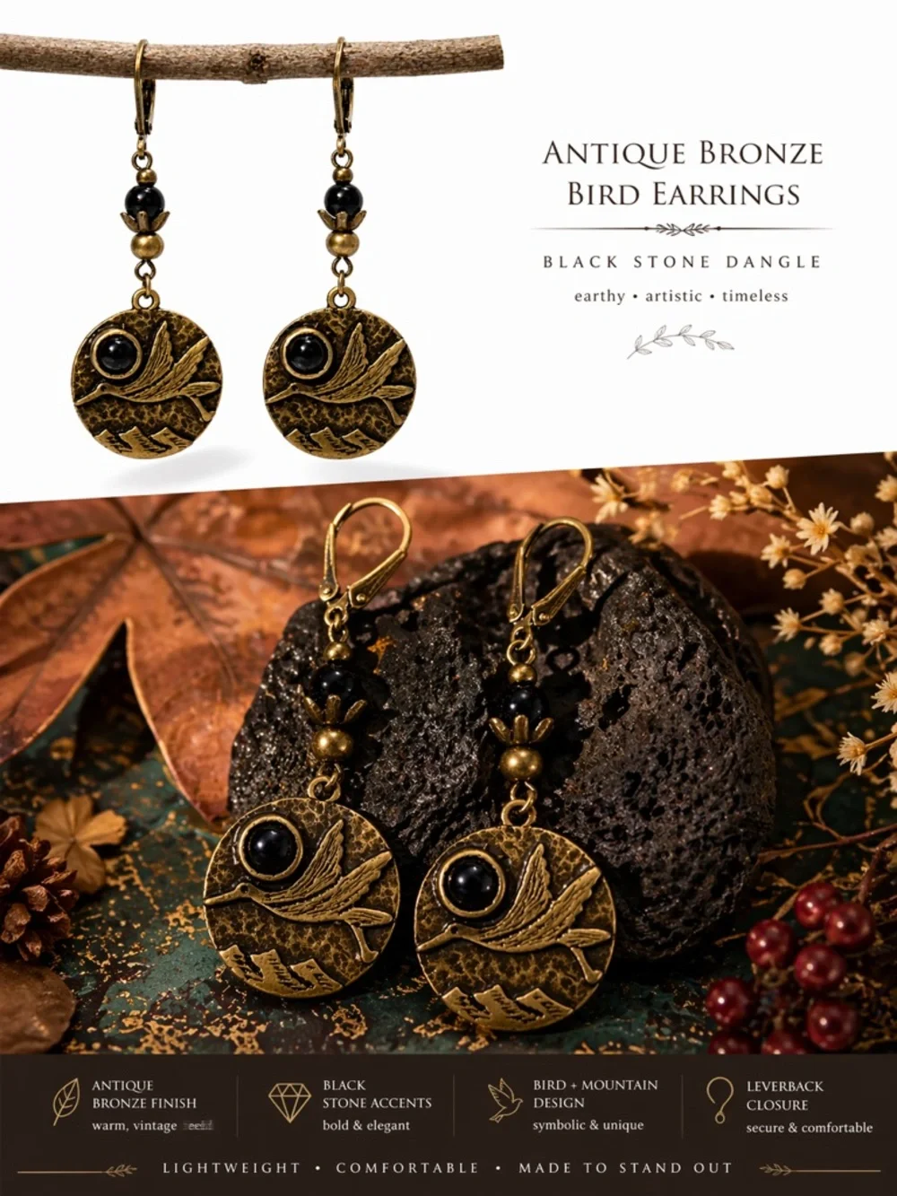 Antique Bronze Bird Earrings Black Stone Dangle Boho Lightweight - Picture 9 of 9